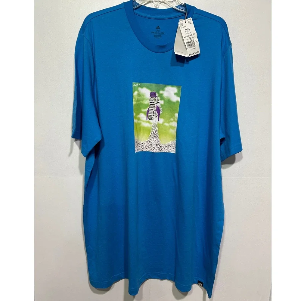 Adidas T-Shirt Mens 2XLT End Plastic Waste Blue Graphic Cotton M Boost Rocket
